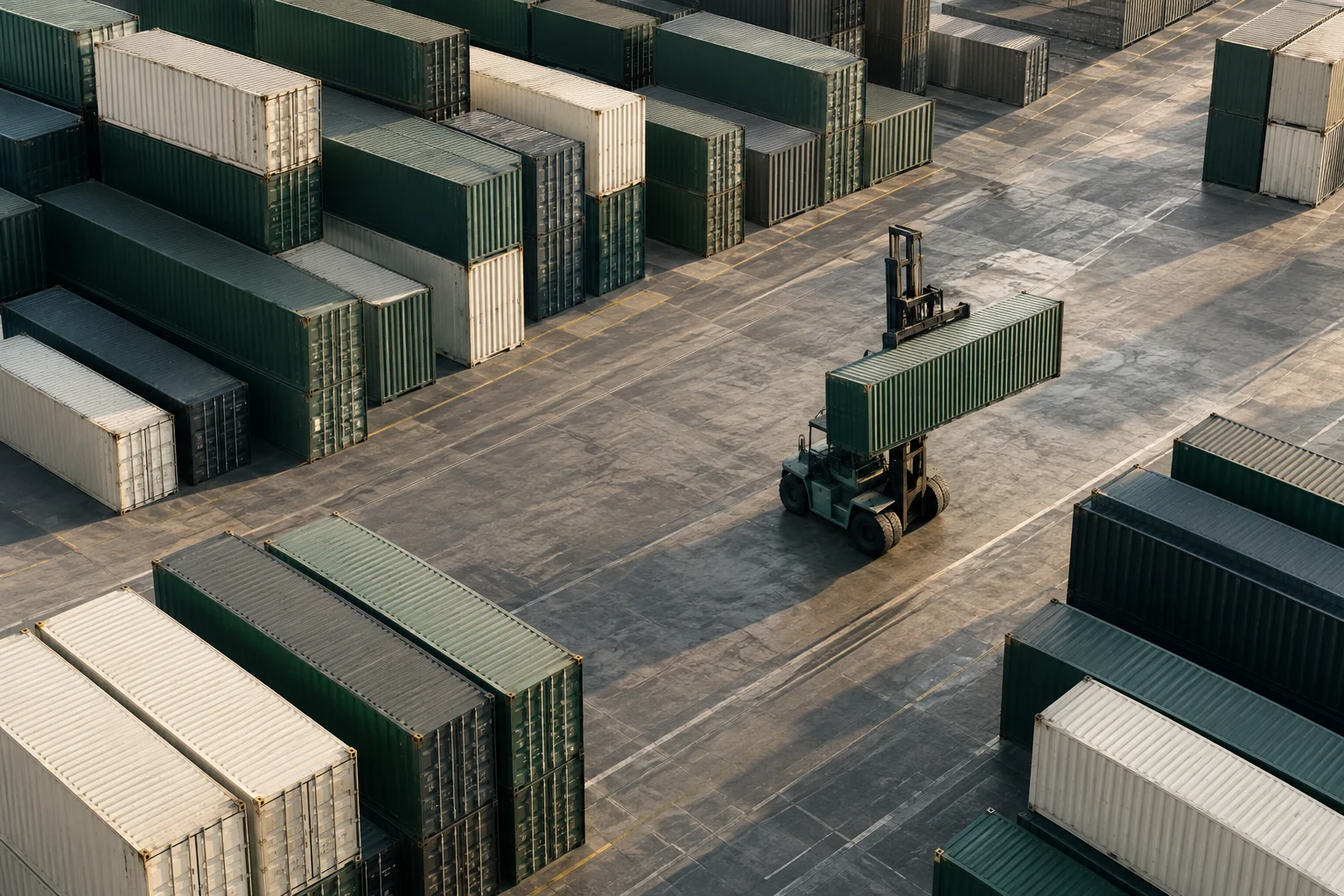 Imagen conceptual de una terminal logística con contenedores y maquinaria de carga
